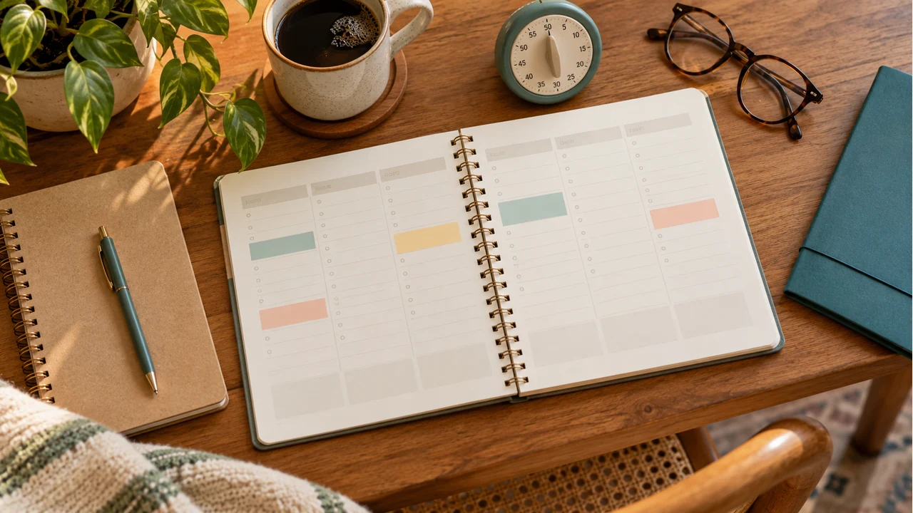 Agenda, caderno e temporizador organizados sobre uma mesa para planejar períodos de estudo.