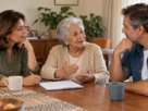 Familiares, incluindo uma mulher idosa, conversam à mesa sobre cuidados na família.