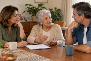 Familiares, incluindo uma mulher idosa, conversam à mesa sobre cuidados na família.