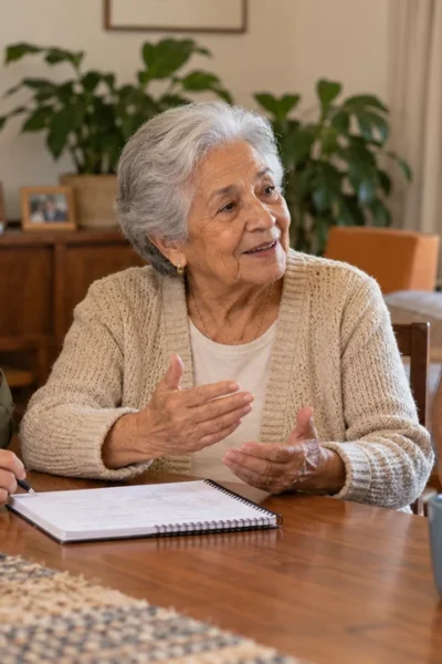 Familiares, incluindo uma mulher idosa, conversam à mesa sobre cuidados na família.