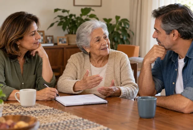 Familiares, incluindo uma mulher idosa, conversam à mesa sobre cuidados na família.