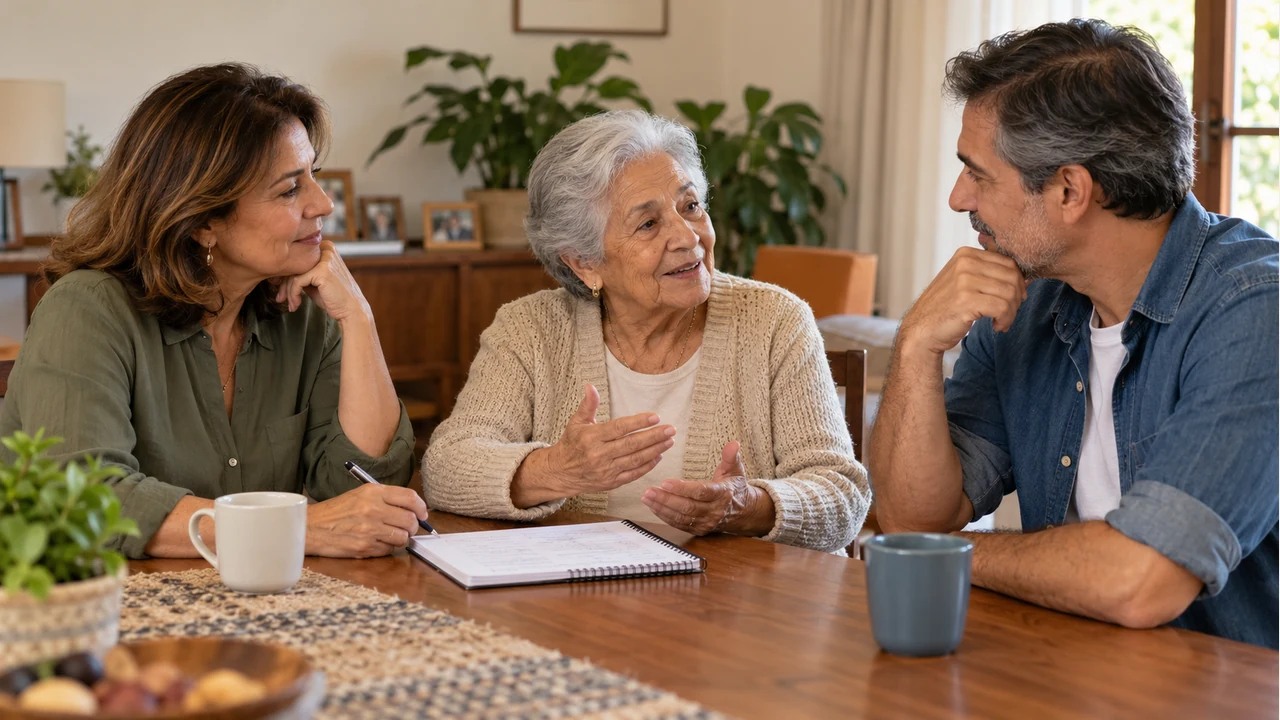Familiares, incluindo uma mulher idosa, conversam à mesa sobre cuidados na família.