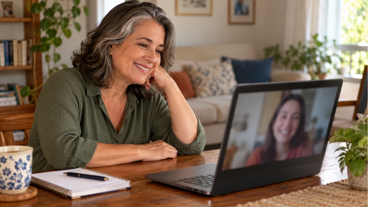 Mulher conversa com um familiar distante por videochamada, com um caderno ao lado.